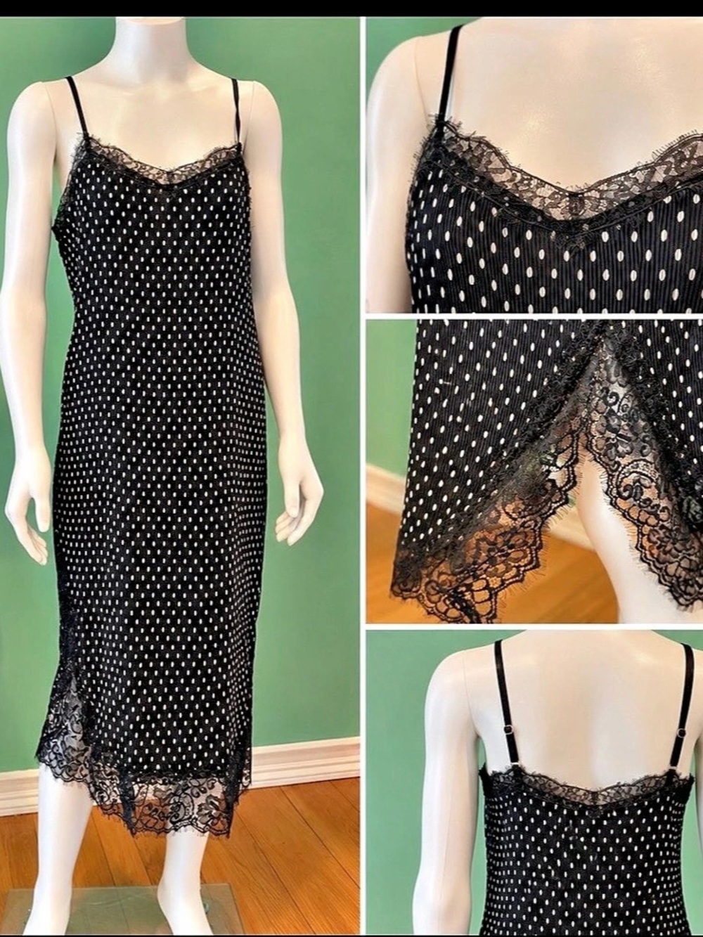 Free People Polka Dot Lace Trim Midi Dress Size 6